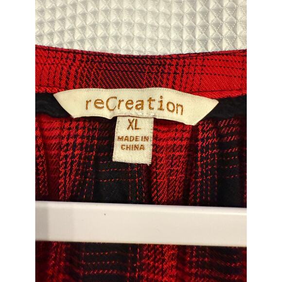 reCreation Womans XL Red Buffalo Plaid Crochet Velour Tassel Balloon Sleeve Top - Picture 5 of 11